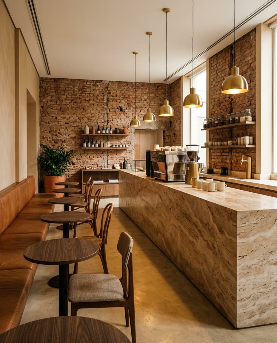 Café Norte — Café boutique na Vila Madalena, balcão em travertino.