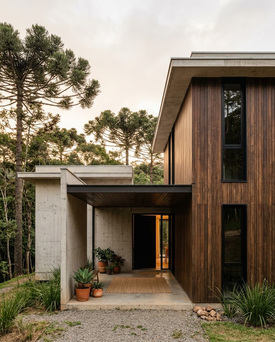 Casa Pinhal — Casa de campo entre pinheiros, em concreto e madeira escura.