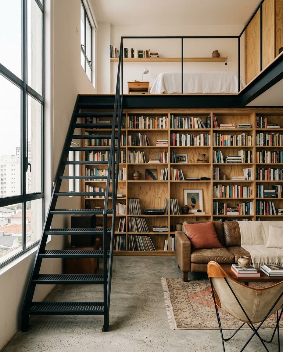Loft Vila Mariana — Reforma de loft em mezanino com escada metálica preta.